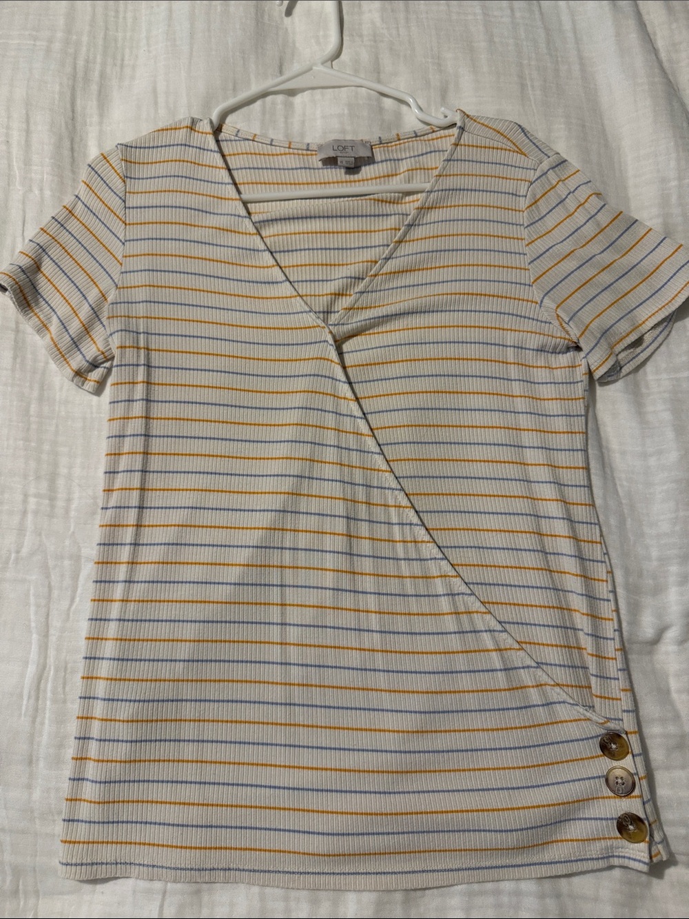 LOFT Cream Short Sleeve Wrap-Style Top with Yellow and Blue Stripes